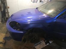 Body panels loosely fit, checking out lines I'll have to rework, :( this car has seen atleast 3 deer. One by me. 

Painter still have small removable parts like mirrors, side skirts, door handles, grill, that's stopping me from going any further with the body. No need to put the bumper on with no grill, no need to put the fenders on when they'll have to come off to wire up the power mirrors, can't put the door panels on because I need the door handles. And such!So I am excited to get that back