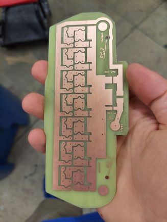 Here is the board after etching and trimming.  You can see the traces came out really clean
