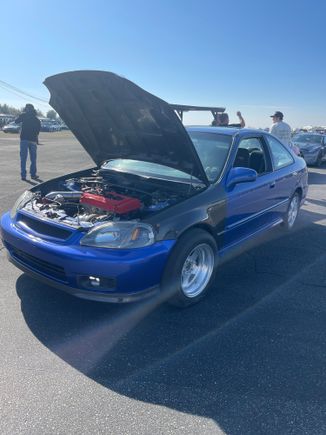 In the tech line at the track 