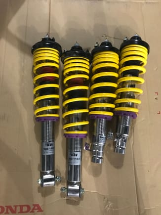 Another one of the very few aftermarket components going onto this car. Kw V2 coilovers. Wanted to get the car to sit a bit more to my standards and in all honesty... I have kw in four other of my vehicles, I know they will ride nicer than the old tired oem suspension.