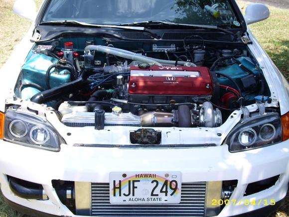 2.0 liter/ benson sleeved/ portflow head/ FULL-RACE t3/t67 H.O. Top mount w/5inch DP./ 1000cc inj./ type-r cams/ 76mm TB/ FULL-RACE intake manifold/ backdoor intercooler/gsr trans w/quaife LSD.