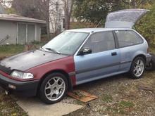 Test fitting a set of wheels I bought, BMW/MINI wheels from the Cooper S, 16x6 with a 4x100 bolt pattern and exact same bore size as the OEM wheels.