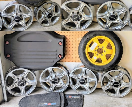 1) Four original VX rims - he replaced wheels in HS
2) Spare tire & rear cover - he installed custom speakers in rear door.
3) Floor mates - he replaced