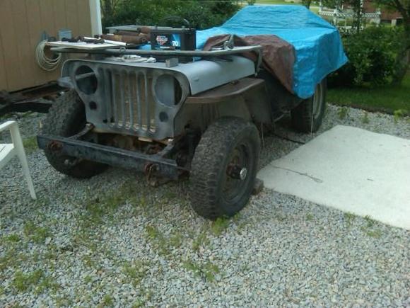 This is my 1945 willys with orignal drivable 134 go devil engine and drive train but wore out chassie