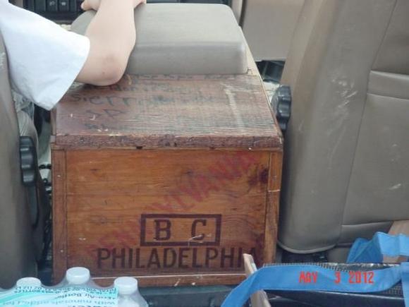 Rear of console showing original tax info and port of PHILADELPHIA. All original case markings. T^his was in wife's grandparents garage from 1940's.