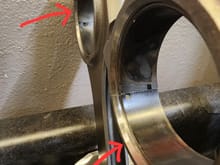 Question on which way these king bearings go?  Dont see anything about it in the instructions that came in the box.  If you look closely on the h beam with large bevel side i installed the bearings two different ways.  One way the bearing is super close the the large bevel the other way its recessed or offset about .050
Not sure it matters