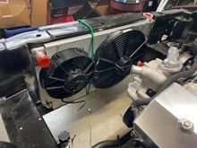 Mocking up my radiator with the mighty mouse fan shroud. Got a pair of Spal fans. The 9” in picture I ended up changing out as it was a 24v and not what I wanted.now have a lower profile like the other fan. Been seeing people having issue with cooling and thought the sclerosis would help pull/direct air. 
