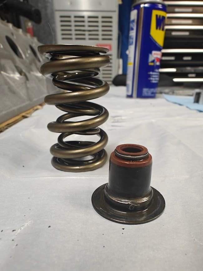 Dual Valve Spring with OEM Valve Steam Seal showing wear on lower hat. (These valve stem seals are smooth but show wear).