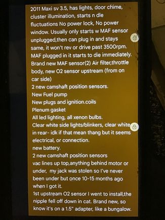 2011 Nissan maxima sv. Proximity fob won’t connect, no door locks,windows,seats,or steering column. It will start tho I’ll most likely have to pull maf plug to start then plug right back in. I also have original manuals and key tag rectangular about an inch long with #s or letters. But I need fob to connect to doors n windows, n so my alarm don’t go off every time I open door. But it’ll start, unlike the immobilizer ever commanded or idk, I can pass it and start car, pull maf sensor duh duh die.