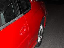 you can still see a bit of a dent... twistadent will pull it out. we couldn't get it straight because my doorpost was hit a bit... the molding will hide it.. and maybe it's a shadow from my flash... still looks better!