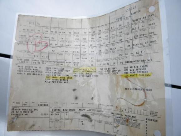 Early Production 70 Monte Carlo SS 454 Build Sheet