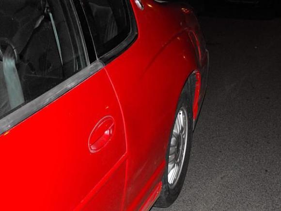 you can still see a bit of a dent... twistadent will pull it out. we couldn't get it straight because my doorpost was hit a bit... the molding will hide it.. and maybe it's a shadow from my flash... still looks better!