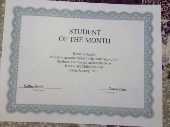 Breanna student of the month January 2011