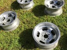 Set of 4 wheels - very good condition: no scratches or dents. They have just been sitting in storage for the last few years so they need some love and want to hit the road. Two are 15x7 and the other two are 15/8.5 (for front and back tires). 5x4.5 bolt pattern (Chrysler/Mopar). I also have the center caps. Have a bunch of lug nuts, too. $500 for the set