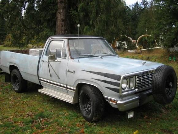 Son's 77 Dodge Adventurer. The new tires and rims and the excellent 318 drivetrain is all worth way more than the $600 we paid for the truck. Total farm truck though. LOL.