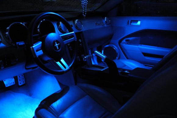 Blue LED map lights, LEDGLOW Blue Interior kit and lots of Billet.  The LEDGLOW lights in the footwells is new.
