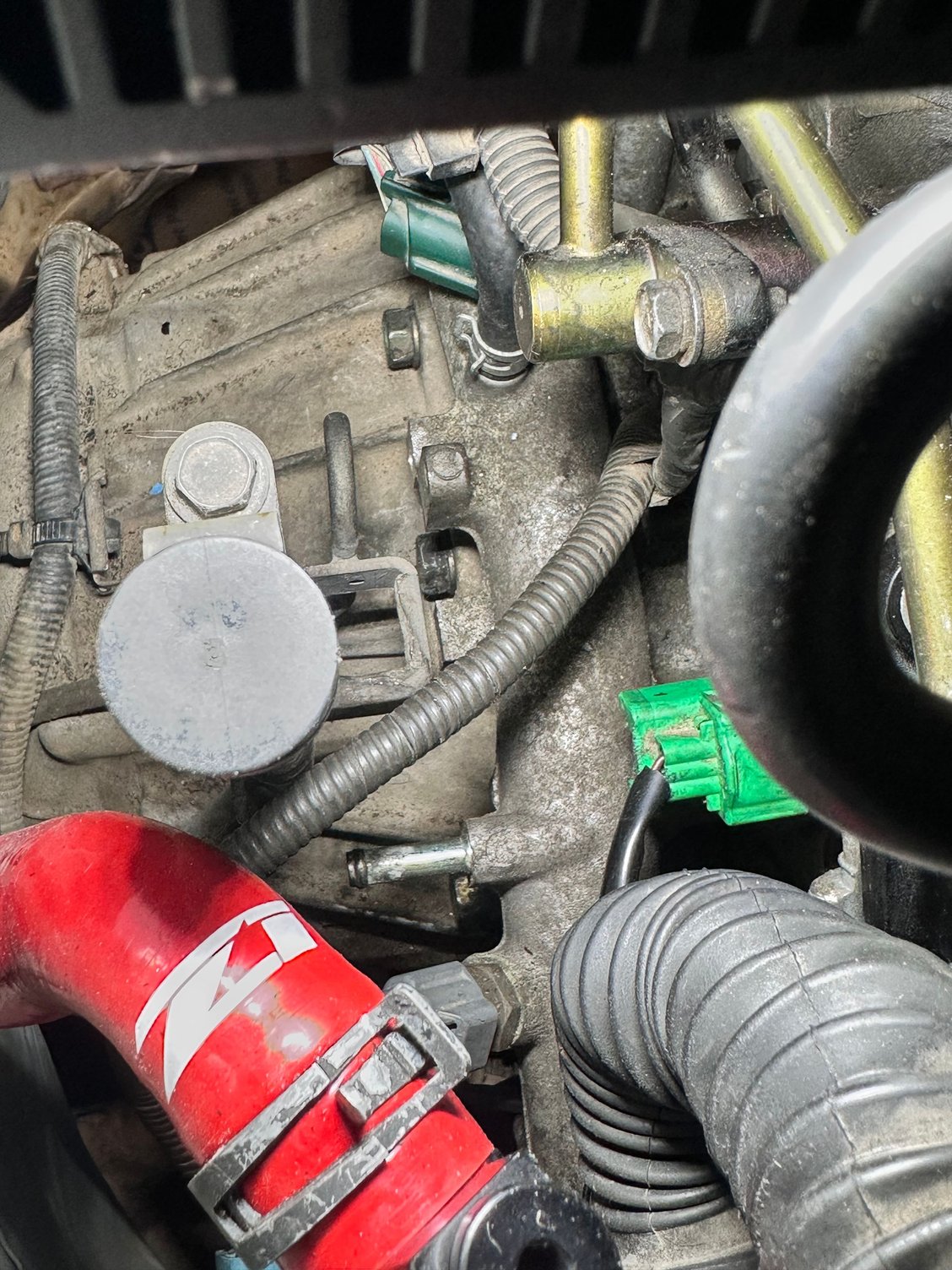 Does anyone know what hose goes to this fitting on the back of the engine right on top of the transmission bolts? 