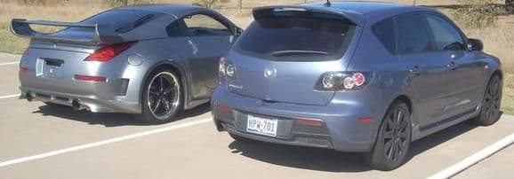 My friend took a pick of his Mazdaspeed 3 and my Veilside 350z 20&quot; Foose Wheels wrapped with Toyo Proxes T1R's.