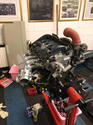 Ko4  hybrid turbo mounted, I should be able to fit the new dual mass flywheel and uprated clutch and cover tomorrow and then re unite it to the gearbox.