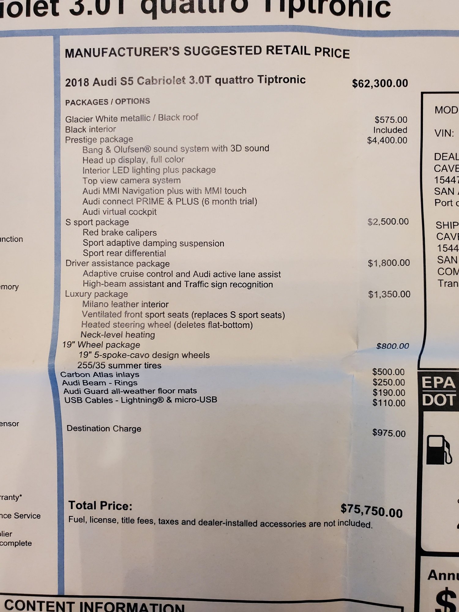 2018 Audi S5 - FS: 2018 Audi S5 Cabriolet - low miles (12.579) and loaded with options...... - Used - VIN WAU24GF56JN020120 - 12,579 Miles - 6 cyl - AWD - Automatic - Convertible - White - Gurnee, IL 60031, United States