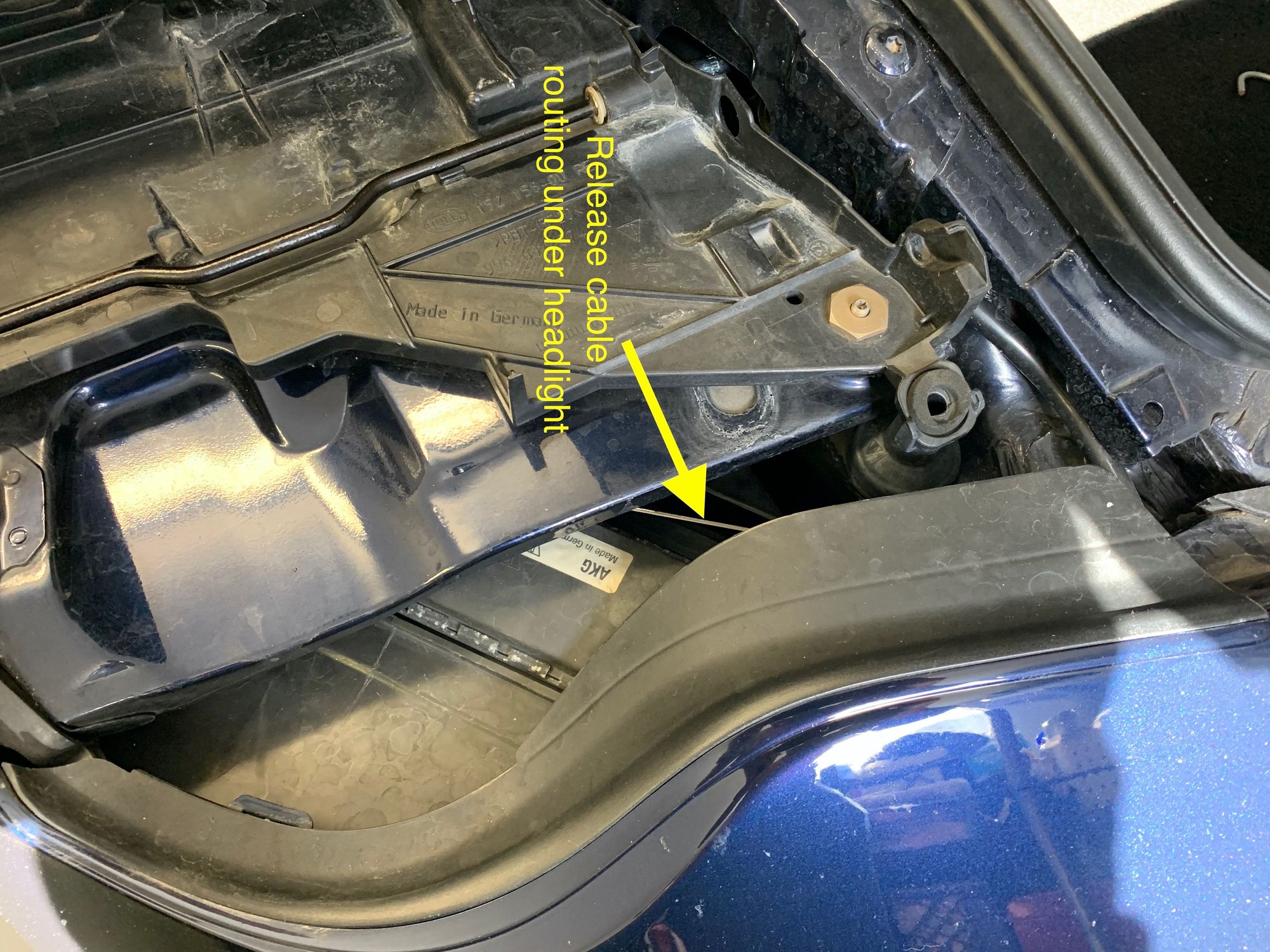 Ready rerouting emergency hood release cable on Porsche 996T