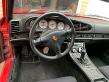 996 GT3 steering wheel, white gauge faces with red trim rings, also has blue led lights