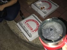 Drinking and ordering pizzas in the hotel parking lot. No, we did not steal it...