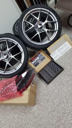 My mods ready for install.

BBS FI-R 's with Michelin Pilot 4S in Gt4 spec / fitment. 

MGR titanium stud kit

ROW OEM tinted tail light with amber turn indicators. 

981 Spyder script for lower front of doors. 



