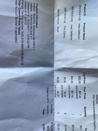 Invoice from Sunset Porsche with part numbers. 