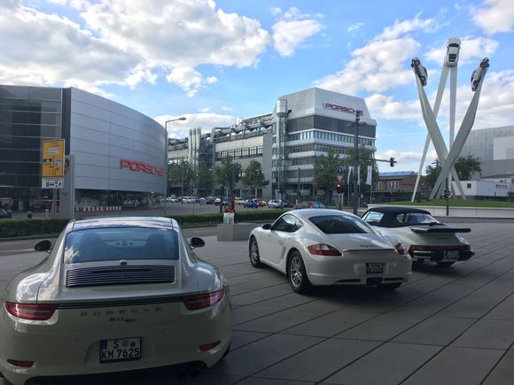 Wife's Cayman is flanked by our rear-engined Porsches.