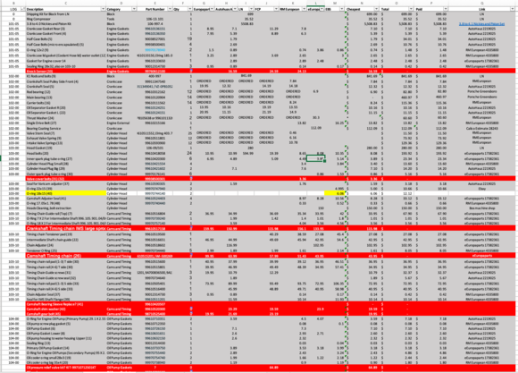 Partial view of parts spreadsheet.