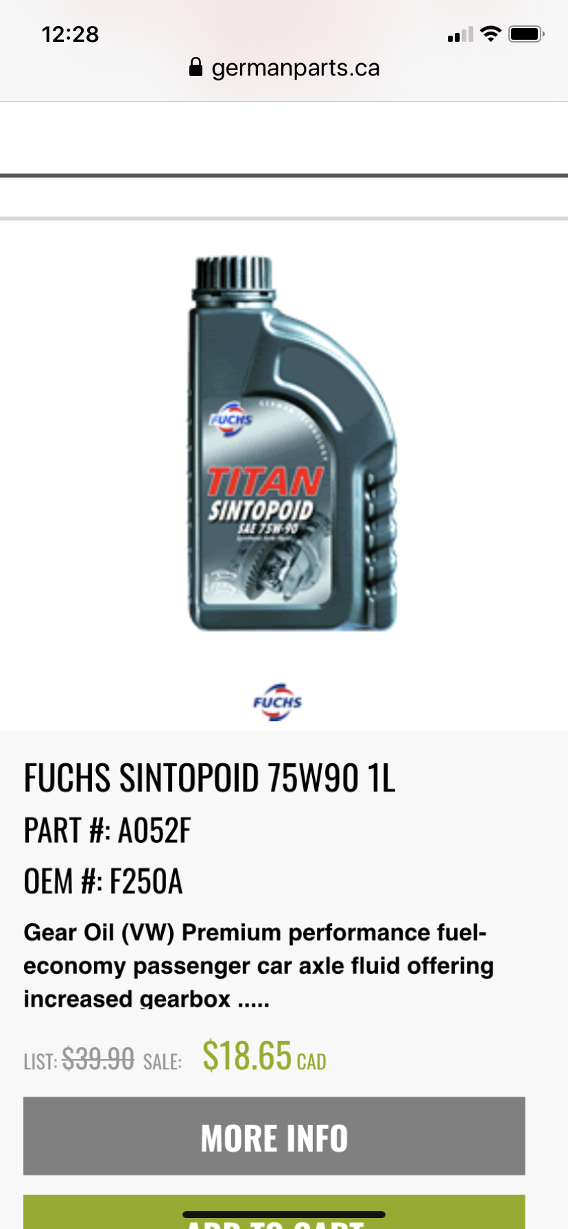 FUCHS TITAN SINTOPOID SAE 75W90 Gear Oil (1 Liter)