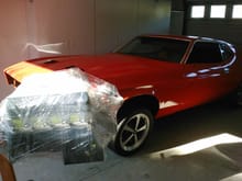 My 1973 MACH1  with BOSS 302 crate engine on stand.  Almost finished