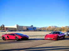 Ferrari 599 GTO and Lamborghini Aventador SV at Cars and Coffee this morning.