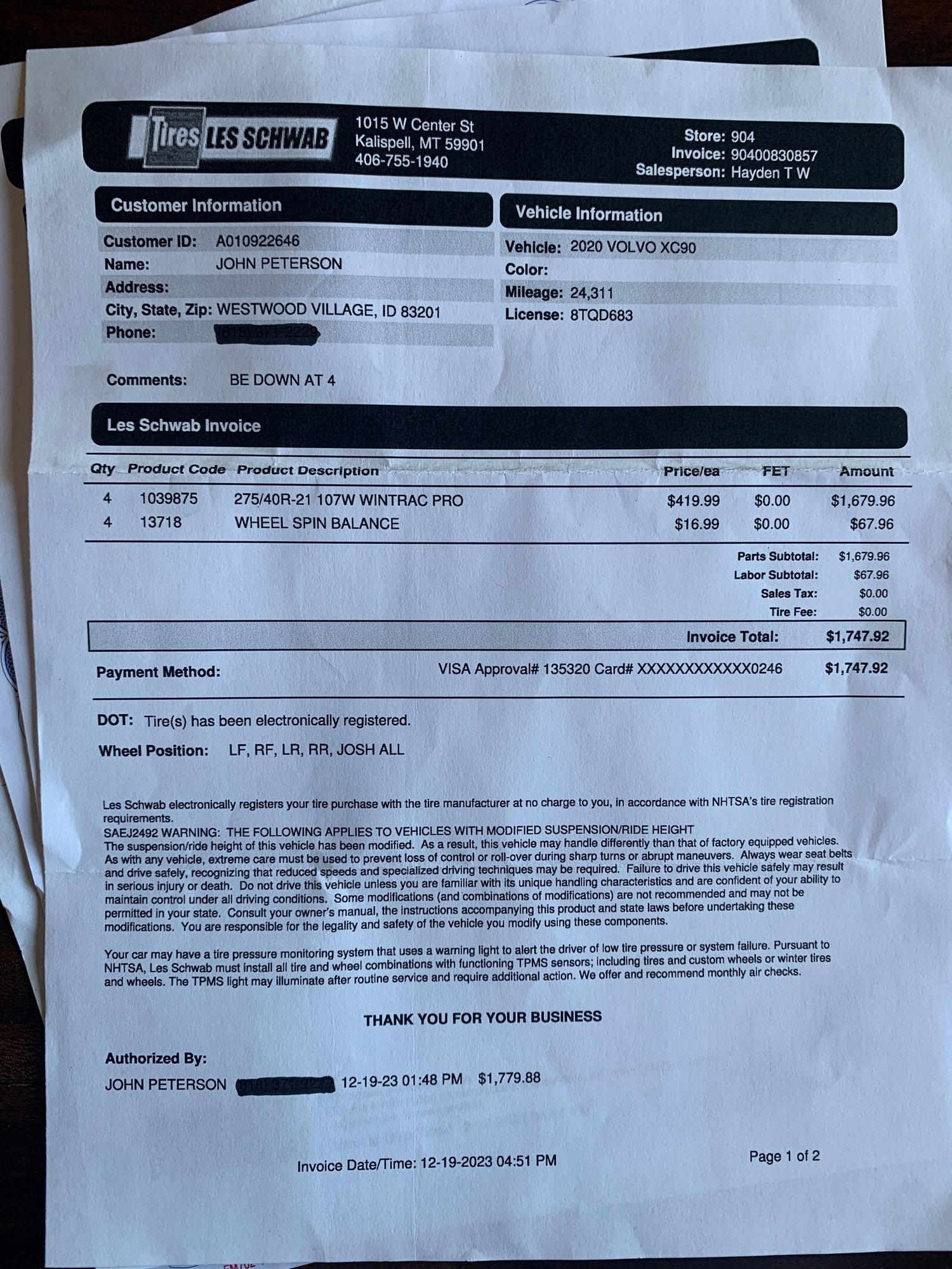 Wheels and Tires/Axles - Four (4) Wintrac Pro Winter Tires 275/40R 21 107W (almost new) - Used - All Years Volvo XC90 - Bigfork, MT 59911, United States