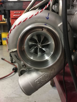 A little out of sequence, but here's a shot of the turbo RPM sensor install done by Scotty @ FP. This allows us keep track of how fast the turbos are spinning and push them hard without damage. Robert at FP flow tests these extensively and can tell you exactly how fast to spin it.
