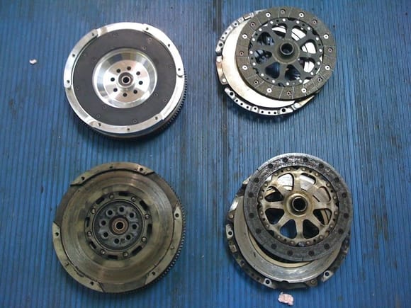 SharkWerks Light Weight Flywheel and stock 997S clutch (top) versus stock flywheel and burned up clutch, thanks to yours truly.