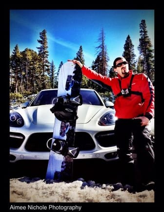 Captures on Mammoth Mountain. Me posing in front of my Cayenne with my custom snowboard. The design On the snowboard shows me in my cayman drifting in a parking lot in Banff Canada.