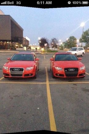 The car on the right is someone's in Edmonton, I don't see many red Audi's around, so I took a picture of ours side by side hoping he's on here wouldn't mind meeting him, I've got some questions about his car