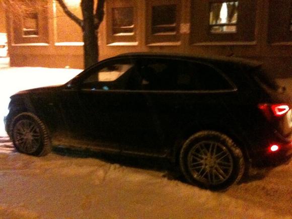 Side View with Wheels in snow storm.