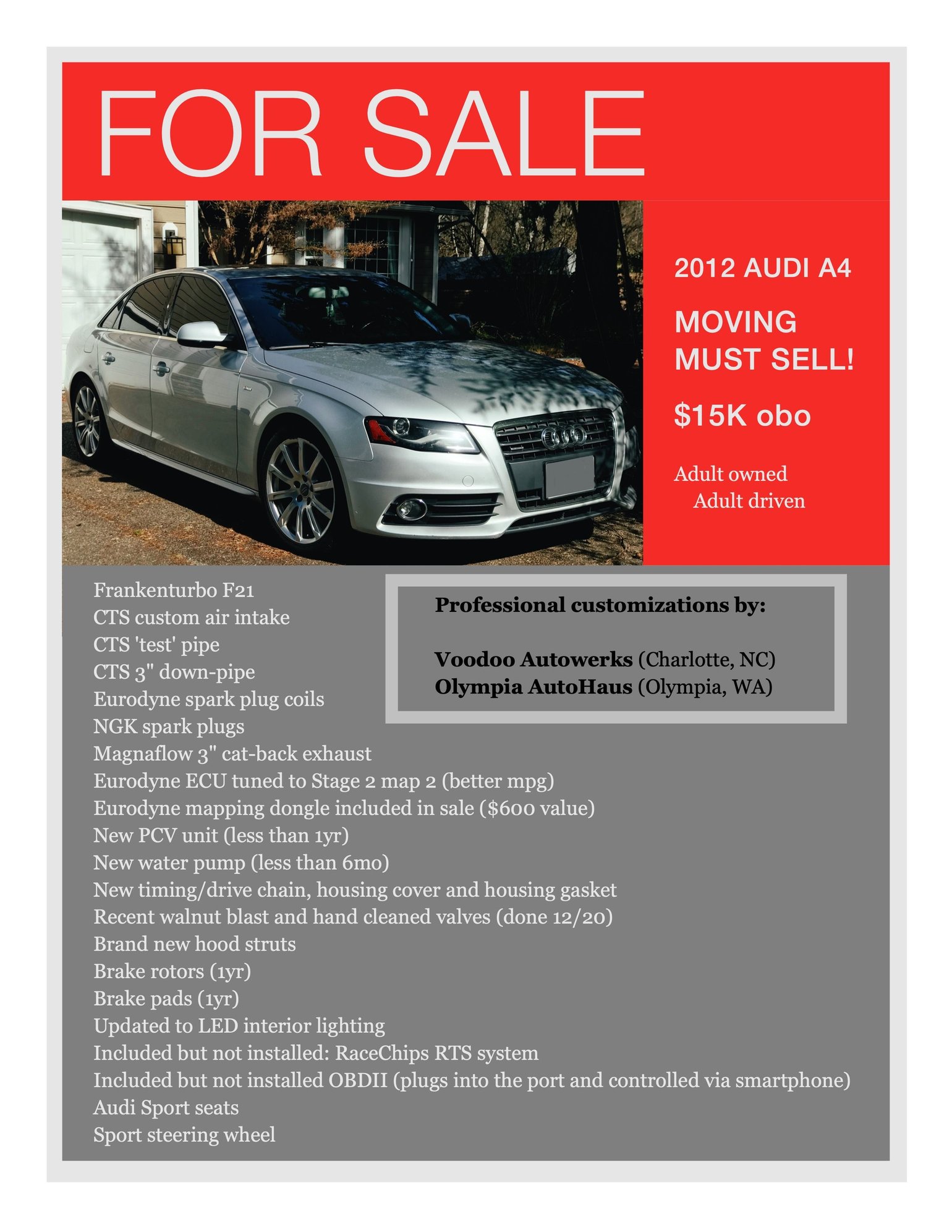 2012 Audi A4 Quattro - Moving out of the country - must sell my A4 tuned sleeper! - Used - VIN WAUFFAFL3CN012292 - 165,000 Miles - 4 cyl - AWD - Automatic - Sedan - Silver - Olympia, WA 98512, United States