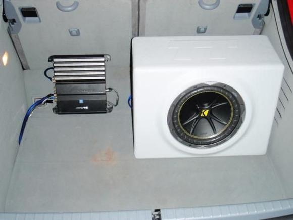 Alpine 450W amp and Kicker 10&quot; sub in custom Keefboz enclosure, amp is now hidden behind enclosure.