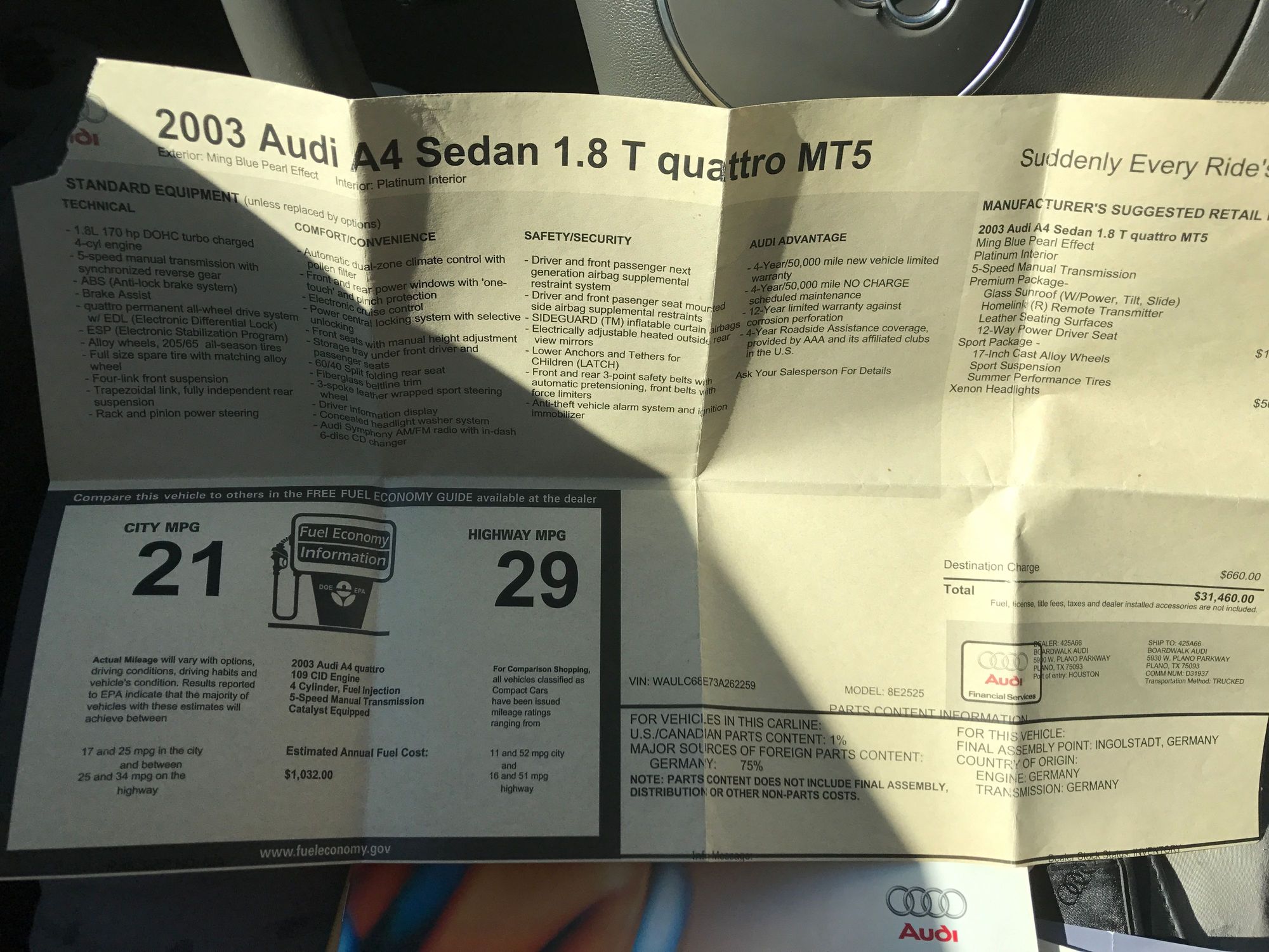 Original Window Sticker ? AudiWorld Forums