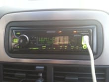 Newly-installed Kenwood KDC-BT758HD head unit... A/M-F/M HD Radio, CD/MP3 player, USB port, aux jack, Bluetooth w/ A2DP compatibility, Pandora compatibility, and 50wx4ch amplifier built-in. Can change the color of the display and buttons as well.