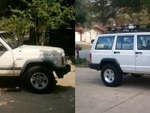 Cherokee before and after.  Lift, wheels, tires, remove side molding, heat gun and Armor-All on flares, Surco rack.  I did all this the weekend after I got the new long block installed and tuned in.  Roughly mid November of '11.