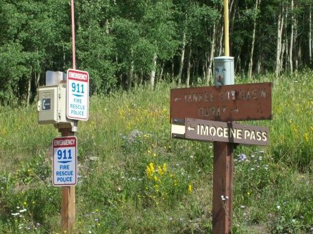 The trail gets going here. Camp Bird Road becomes Yankee Boy Basin Rd. Left turn is Imogene Pass taking you to Telluride Colorado, straight goes to Yankee Boy Basin, Governor Basin, Sidney Basin, and St. Sophia Ridge.