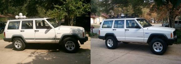 Cherokee before and after.  Lift, wheels, tires, remove side molding, heat gun and Armor-All on flares, Surco rack.  I did all this the weekend after I got the new long block installed and tuned in.  Roughly mid November of '11.