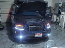 Emergencies on. Cant really notice but the fog lights are also turn signals  and the fog lights are led projectors with a halo light around them that halo is a running light and a orange turn signal