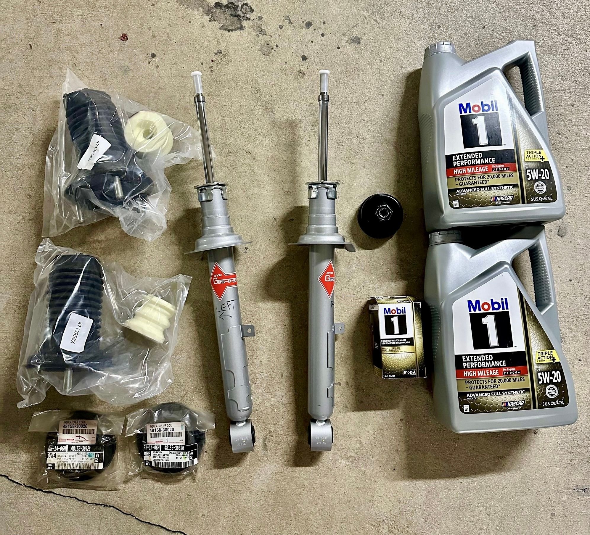 KYN shocks and mounts from RockAuto. Also OEM insulators. As well as an oil change