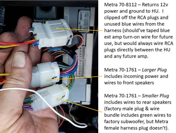 This shows the 3 wire bundles previously plugged into the factory pioneer amp (shown behind on right) now connected to Metra 8112 and 1761 harnesses.